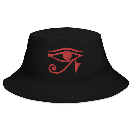 Black bucket hat with Red Eye of Ra Egyptian Goddess embroidered artwork, front view