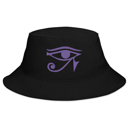 Black bucket hat with Purple Eye of Ra Egyptian Goddess embroidered artwork, front view