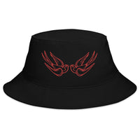 Black bucket hat with Red Falling Sparrows Tattoo Style Bird embroidered artwork, front view