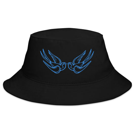 Black bucket hat with Blue Falling Sparrows Tattoo Style Bird embroidered artwork, front view