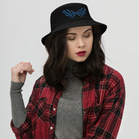Black bucket hat with Blue Falling Sparrows Tattoo Style Bird embroidered artwork, front view
