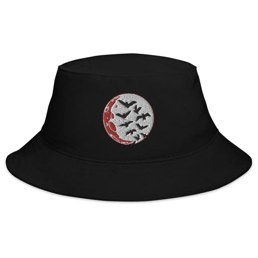 Black bucket hat with Flying Bats over a Blood Moon embroidered artwork, front view