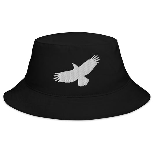 Black bucket hat with Flying Raven Black Bird embroidered artwork, front view