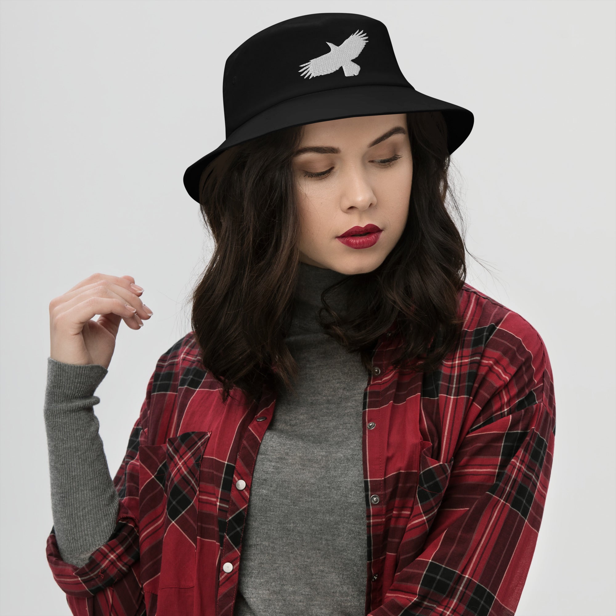 Flying Raven Black Bird Embroidered Bucket Hat