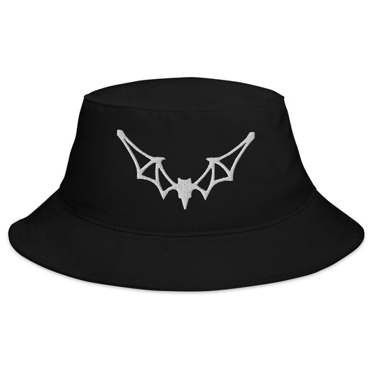 Black bucket hat with Flying Vampire Frame Bat embroidered artwork, front view