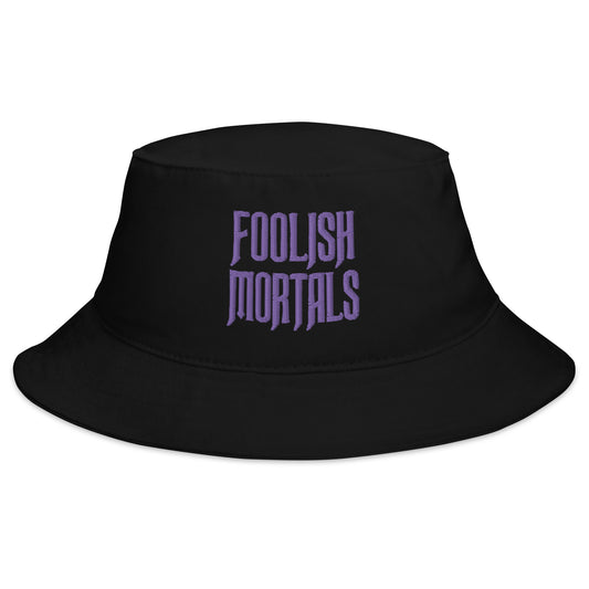 Black bucket hat with Foolish Mortals Haunted Mansion embroidered artwork, front view