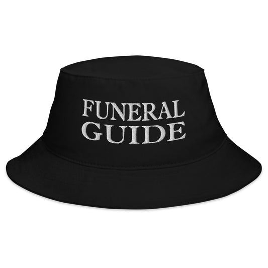 Black bucket hat with Funeral Guide embroidered artwork, front view