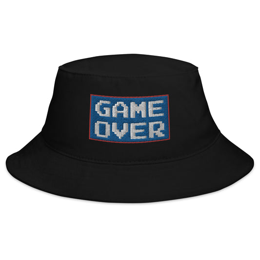 Black bucket hat with Game Over 8 Bit embroidered artwork, front view