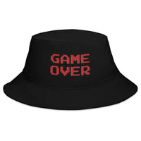 Black bucket hat with Red Game Over 8 Bit embroidered artwork, front view