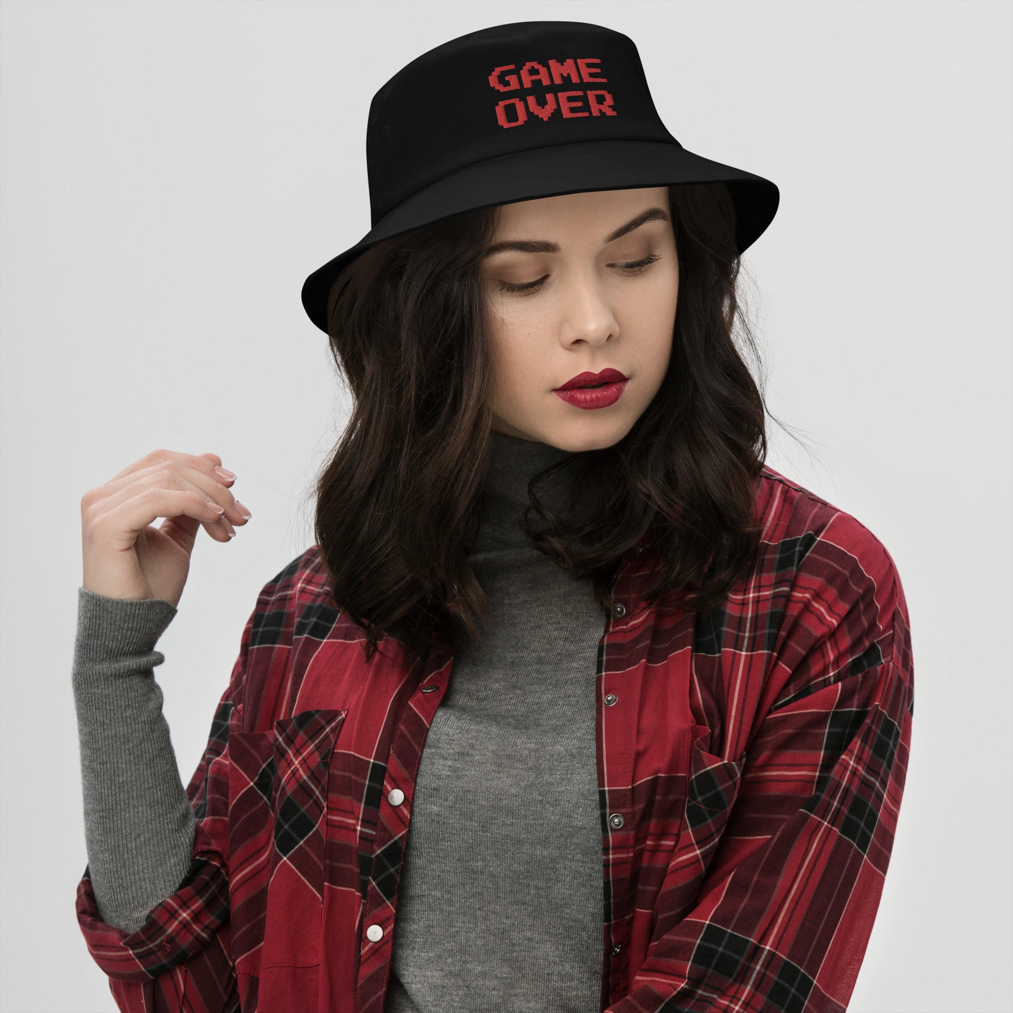 Red Game Over 8 Bit Embroidered Bucket Hat 80's Classic Gaming