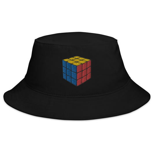 Black bucket hat with Gaming Speed Cube Puzzle Box embroidered artwork, front view