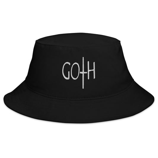 Black bucket hat with Goth Dark and Morbid Style Halloween Celebration embroidered artwork, front view