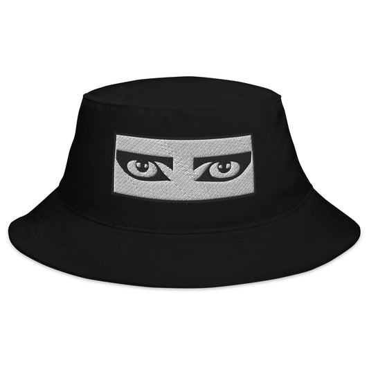 Black bucket hat with Goth Eyes Siouxsie and the Banshees embroidered artwork, front view