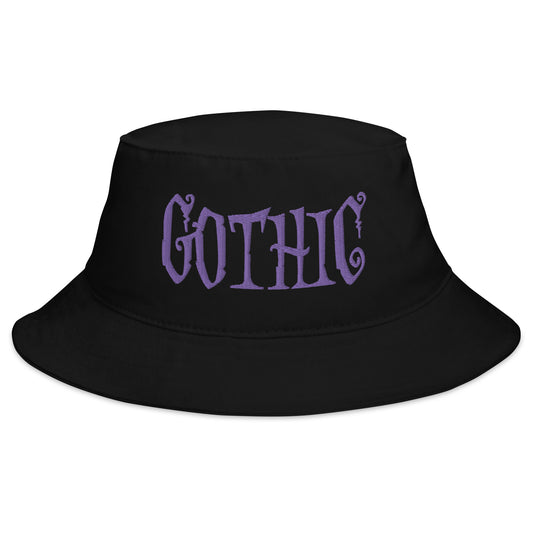 Black bucket hat with Purple Gothic Dramatic Style embroidered artwork, front view