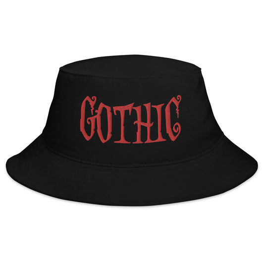 Black bucket hat with Red Gothic Dramatic Style embroidered artwork, front view