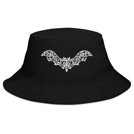 Black bucket hat with Gothic Vine Wrought Iron Bat embroidered artwork, front view