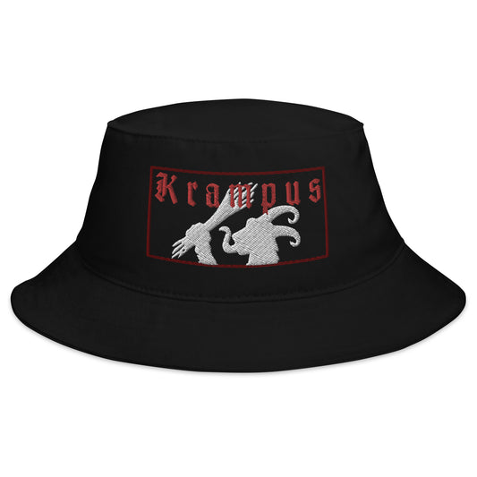 Black bucket hat with Gruss Vom Krampus embroidered artwork, front view