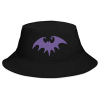 Black bucket hat with Purple Halloween Gothic Vampire Bat embroidered artwork, front view