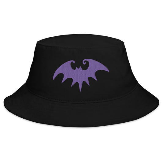 Black bucket hat with Purple Halloween Gothic Vampire Bat embroidered artwork, front view