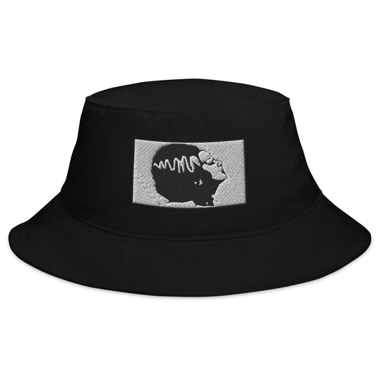 Black bucket hat with Halloween Monster Bride of Frankenstein embroidered artwork, front view