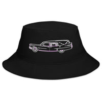 Black bucket hat with Hearse Funeral Car embroidered artwork, front view