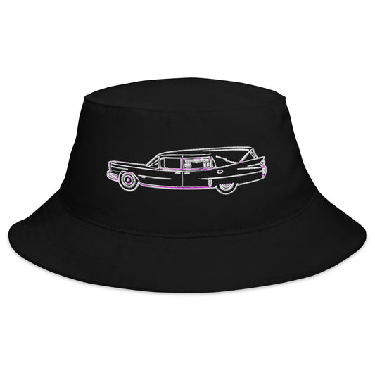 Black bucket hat with Hearse Funeral Car embroidered artwork, front view