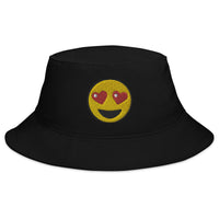 Black bucket hat with Heart-Eyes Emoji embroidered artwork, front view