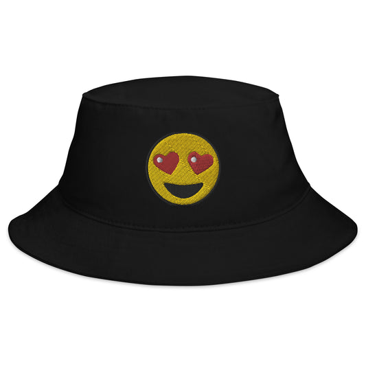 Black bucket hat with Heart-Eyes Emoji embroidered artwork, front view