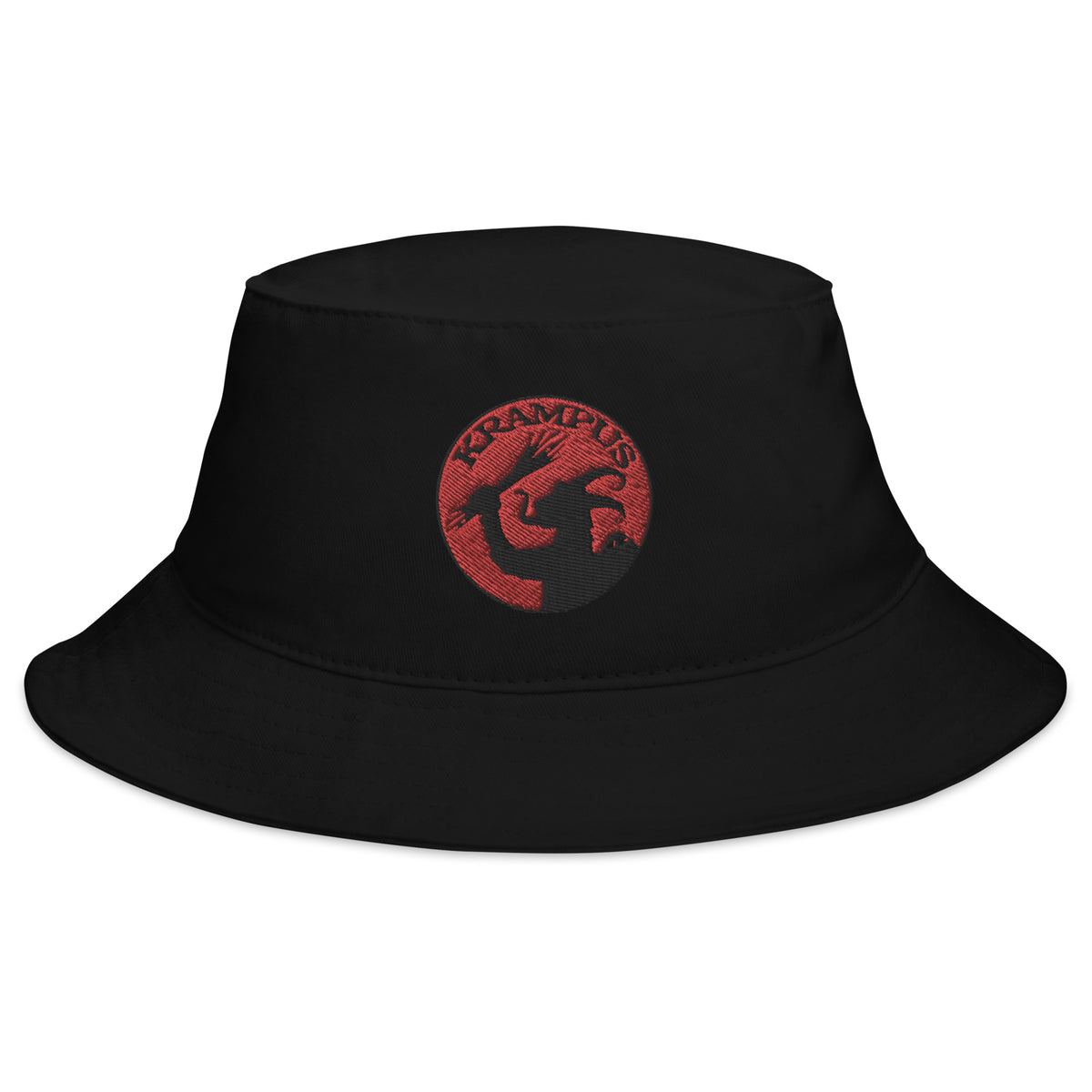 Black bucket hat with Horned Krampus embroidered artwork, front view