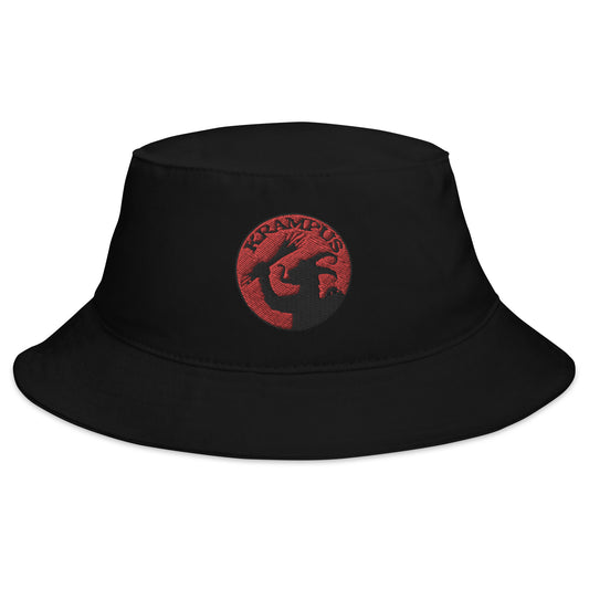 Black bucket hat with Horned Krampus embroidered artwork, front view