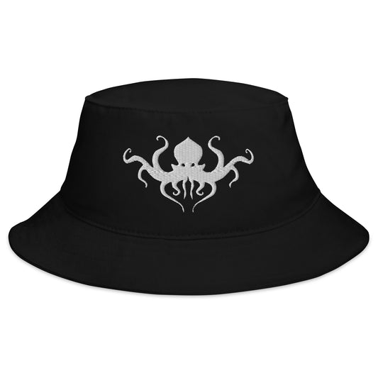 Black bucket hat with Horror Beast Cthulhu embroidered artwork, front view