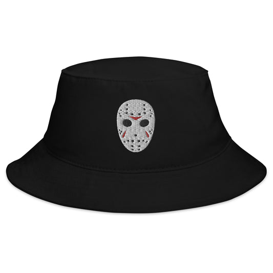 Black bucket hat with Horror Hockey Mask Jason Voorhees embroidered artwork, front view