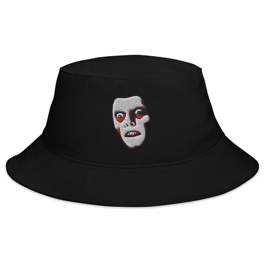Black bucket hat with Horror Monster Pazuzu "Captain Howdy" embroidered artwork, front view