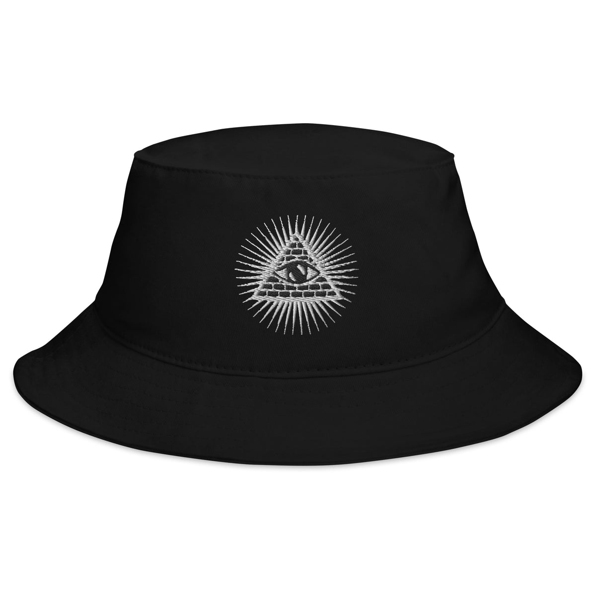 Black bucket hat with Illuminati All Seeing Psychic Eye embroidered artwork, front view