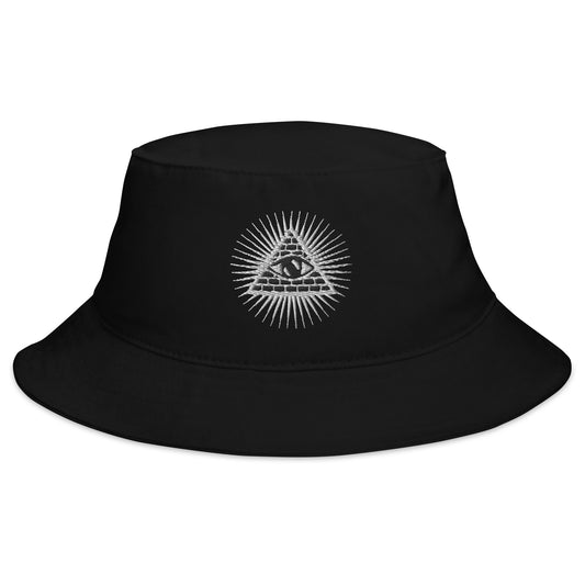 Black bucket hat with Illuminati All Seeing Psychic Eye embroidered artwork, front view