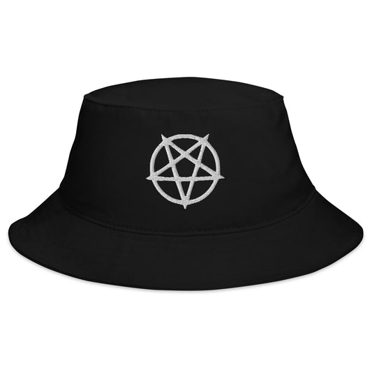 Black bucket hat with White Inverted Pentagram Occult Symbol embroidered artwork, front view