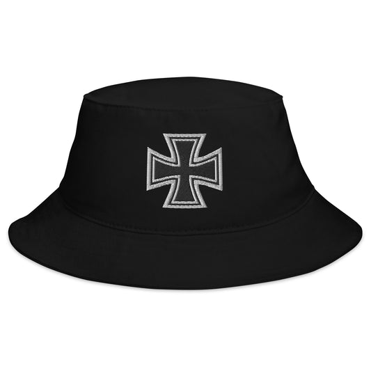 Black bucket hat with Iron Cross Occult Symbol World War II Style embroidered artwork, front view