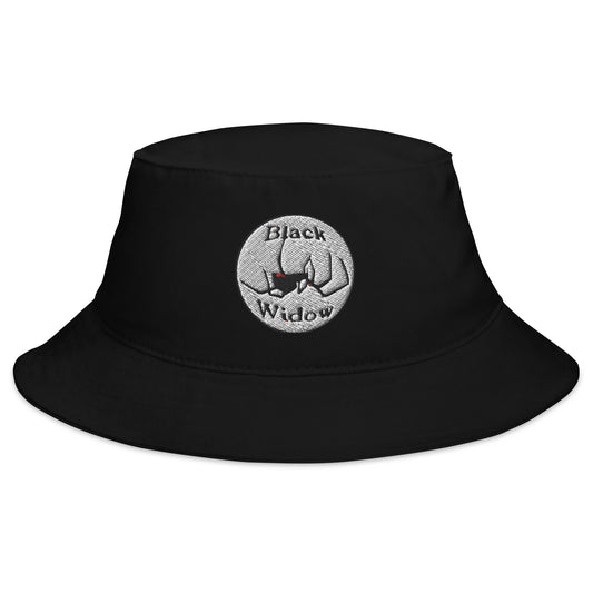 Black bucket hat with Latrodectus Black Widow Spider embroidered artwork, front view