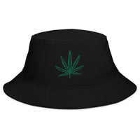 Black bucket hat with Legalize Marijuana Cannabis Pot Leaf embroidered artwork, front view