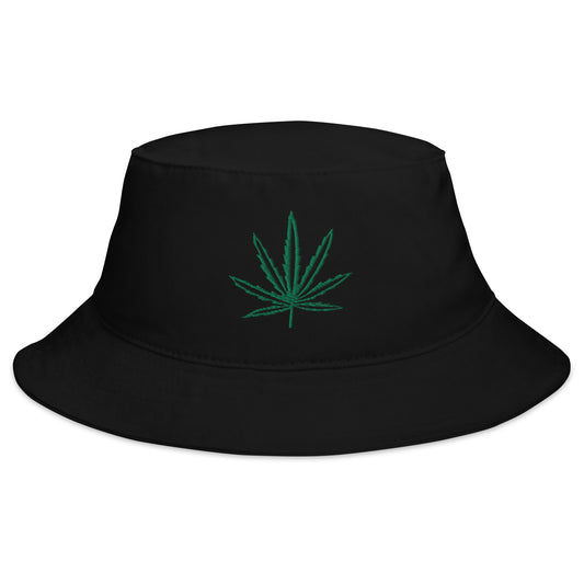 Black bucket hat with Legalize Marijuana Cannabis Pot Leaf embroidered artwork, front view