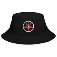 Black bucket hat with Lightning Bolt Inverted Pentagram Occult Symbol embroidered artwork, front view