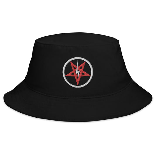 Black bucket hat with Lightning Bolt Inverted Pentagram Occult Symbol embroidered artwork, front view