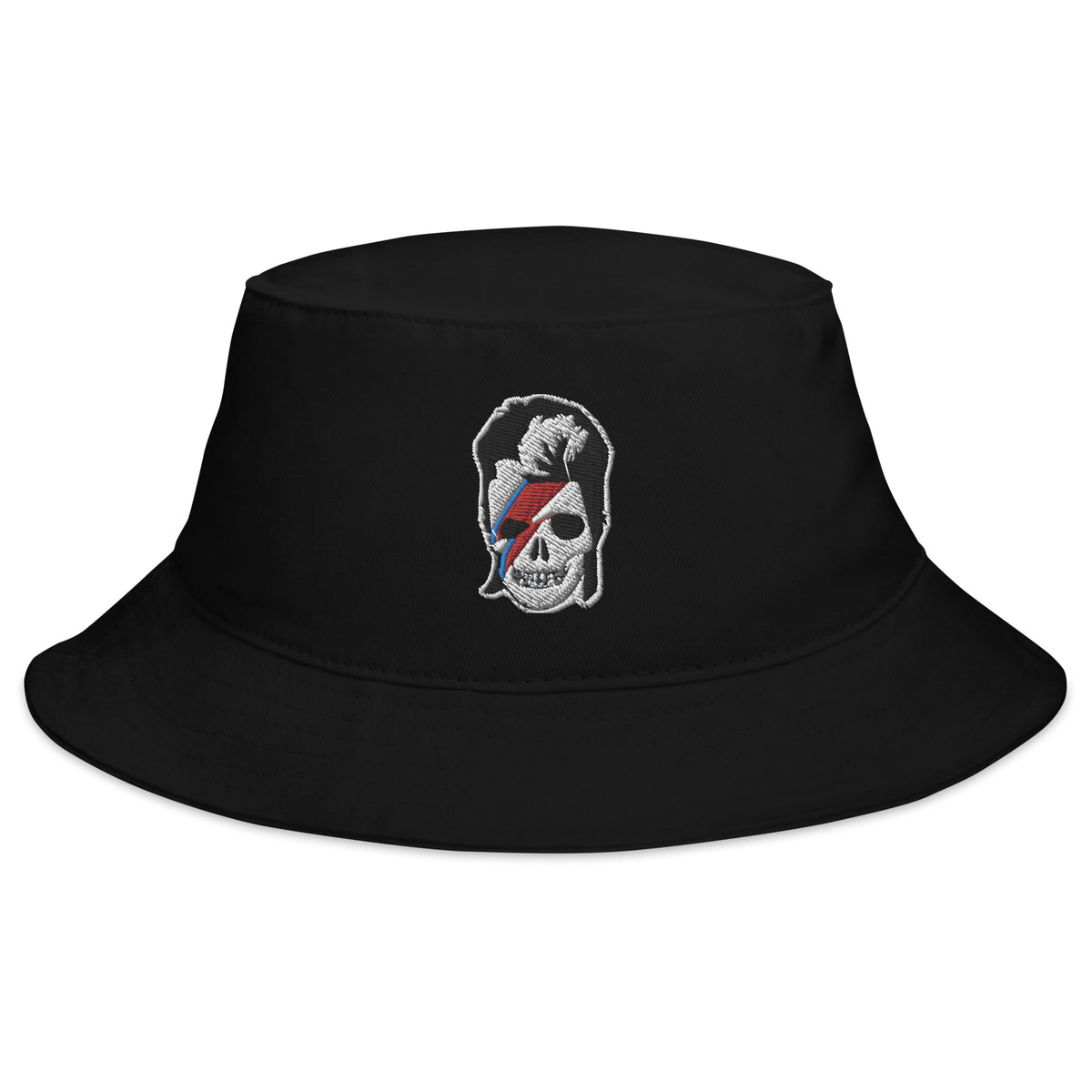 Black bucket hat with Lightning Bolt Skull David Bowie embroidered artwork, front view