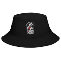 Black bucket hat with Lightning Bolt Skull David Bowie embroidered artwork, front view
