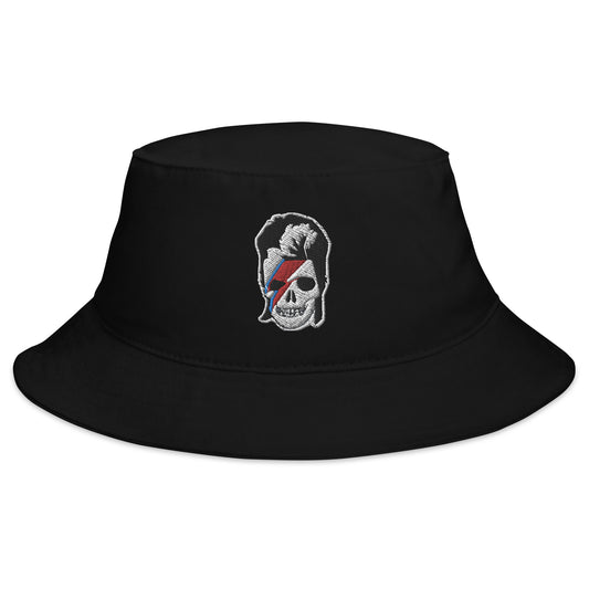 Black bucket hat with Lightning Bolt Skull David Bowie embroidered artwork, front view