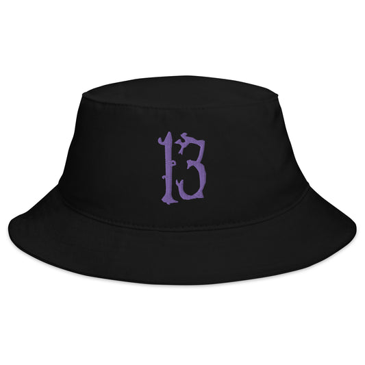 Black bucket hat with Lucky Number 13 Goth Halloween # Thirteen embroidered artwork, front view