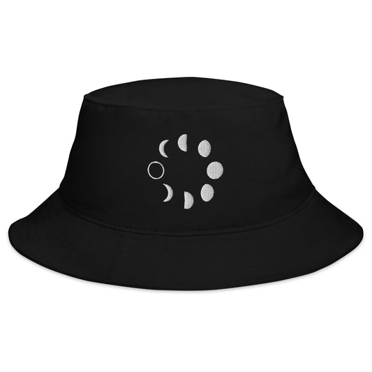 Black bucket hat with Lunar Moon Phases embroidered artwork, front view