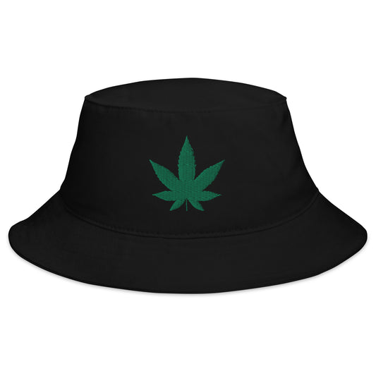 Black bucket hat with Marijuana Leaf Cannabis Plant embroidered artwork, front view