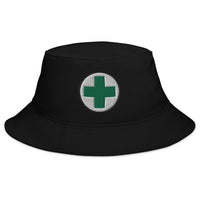 Black bucket hat with Medical Marijuana Symbol embroidered artwork, front view