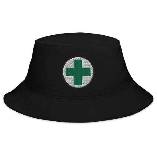 Black bucket hat with Medical Marijuana Symbol embroidered artwork, front view